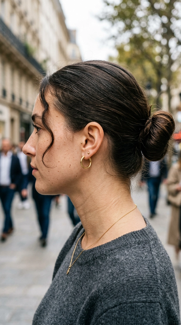 photorealistic luxury editorial fashion street style, shot on 35mm lens, highly detailed, ultra-realistic, soft natural lighting, editorial aesthetic. A close-up of a woman's ear and neck featuring minimal gold hoop earrings and a thin gold chain. Her hair is in a neat low bun. No text or typography. --ar 9:16
