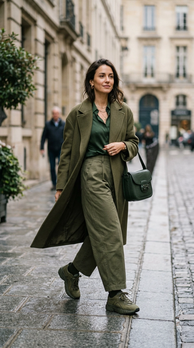 photorealistic luxury editorial fashion street style, shot on 35mm lens, highly detailed, ultra-realistic, soft natural lighting, editorial aesthetic. A woman wearing a sophisticated monochromatic outfit in shades of olive green and forest green. The textures are varied but the colors are muted. No text or typography. --ar 9:16