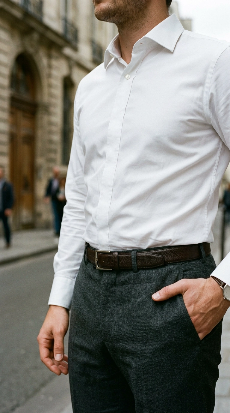 A close-up shot of a crisp, perfectly pressed white poplin shirt tucked into tailored grey wool trousers, photorealistic luxury editorial fashion street style, shot on 35mm lens, highly detailed, ultra-realistic, soft natural lighting, editorial aesthetic, no text --ar 9:16