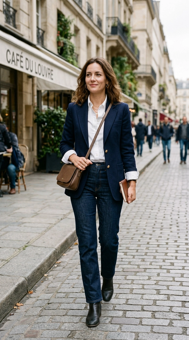 A sophisticated woman wearing dark indigo straight-leg jeans with a tucked-in white button-down and a navy wool blazer, photorealistic luxury editorial fashion street style, shot on 35mm lens, highly detailed, ultra-realistic, soft natural lighting, editorial aesthetic, no text --ar 9:16