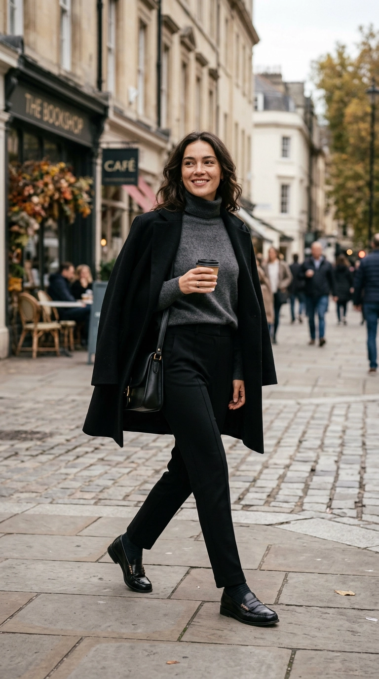 A woman wearing sleek, heavy-weight black ponte knit trousers with a structured waist, paired with a cashmere sweater and leather loafers, photorealistic luxury editorial fashion street style, shot on 35mm lens, highly detailed, ultra-realistic, soft natural lighting, editorial aesthetic, no text --ar 9:16