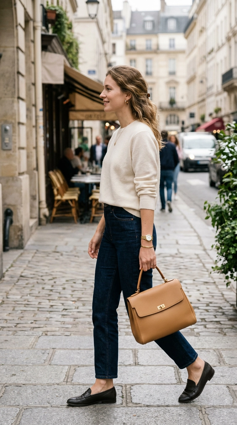 A minimalist outfit featuring a cream cashmere sweater, gold watch, and a tan leather handbag with no visible logos, photorealistic luxury editorial fashion street style, shot on 35mm lens, highly detailed, ultra-realistic, soft natural lighting, editorial aesthetic, no text --ar 9:16