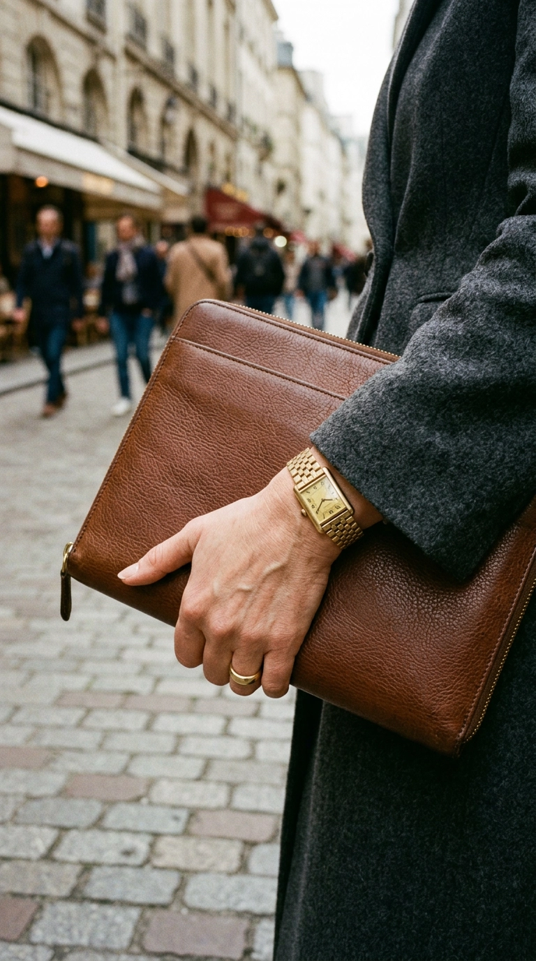 A woman’s hands with a classic gold watch and a simple band ring, holding a leather portfolio, photorealistic luxury editorial fashion street style, shot on 35mm lens, highly detailed, ultra-realistic, soft natural lighting, editorial aesthetic, no text --ar 9:16