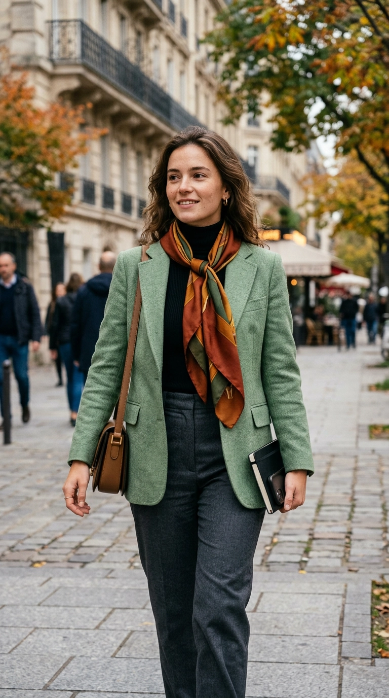 A woman wearing a light wool blazer and a silk scarf in autumnal tones of forest green and rust, photorealistic luxury editorial fashion street style, shot on 35mm lens, highly detailed, ultra-realistic, soft natural lighting, editorial aesthetic, no text --ar 9:16