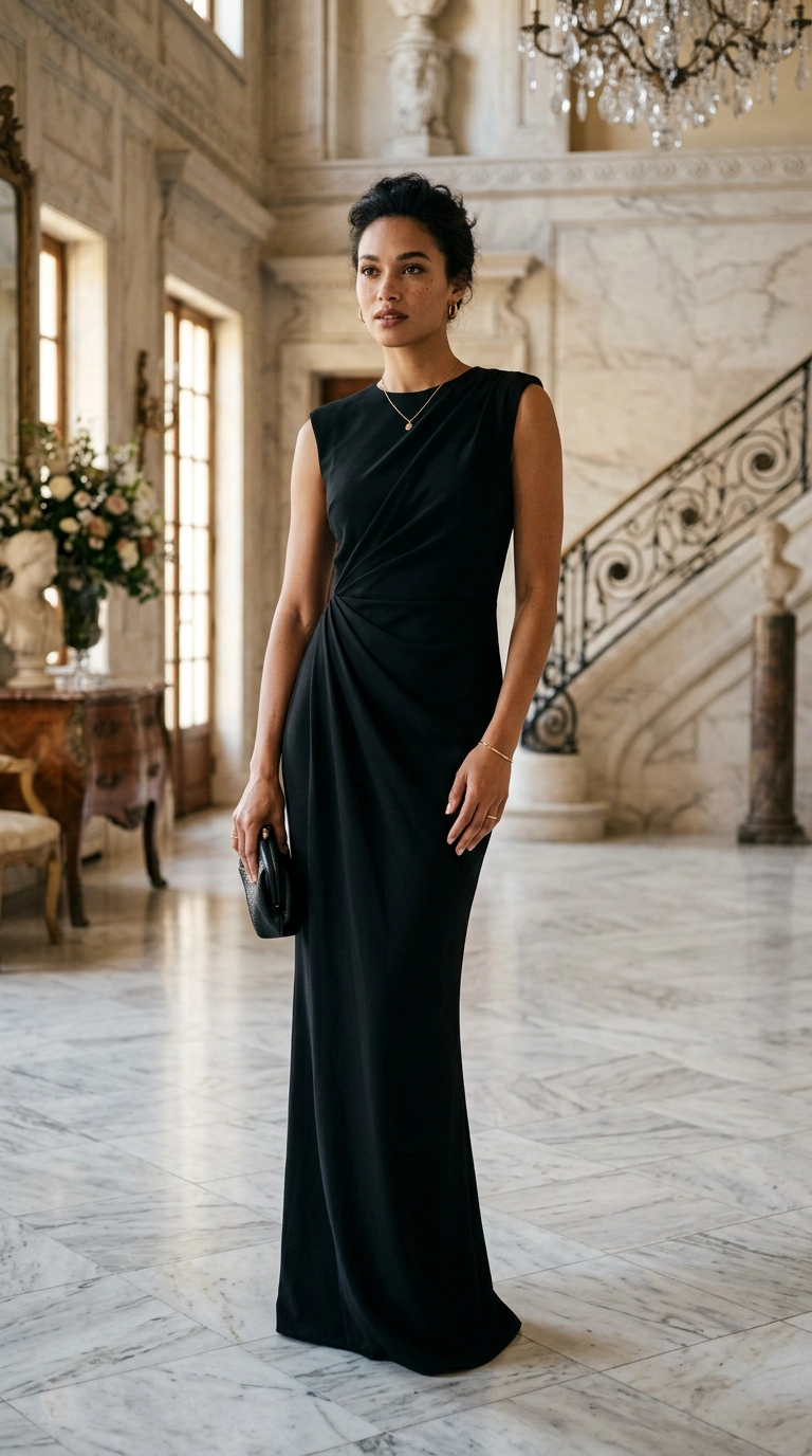 A sophisticated woman standing in a marble foyer wearing a sleek black column gown with subtle architectural draping, minimalist gold jewelry, photorealistic luxury editorial fashion street style, shot on 35mm lens, highly detailed, ultra-realistic, soft natural lighting, editorial aesthetic, no text --ar 9:16