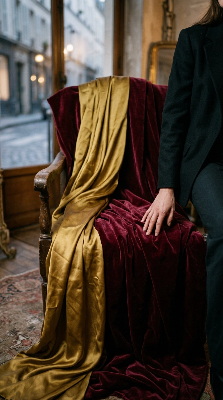 Detail shot of rich burgundy velvet fabric and heavy silk satin draped over a chair, shimmering under soft evening light, photorealistic luxury editorial fashion street style, shot on 35mm lens, highly detailed, ultra-realistic, soft natural lighting, editorial aesthetic, no text --ar 9:16