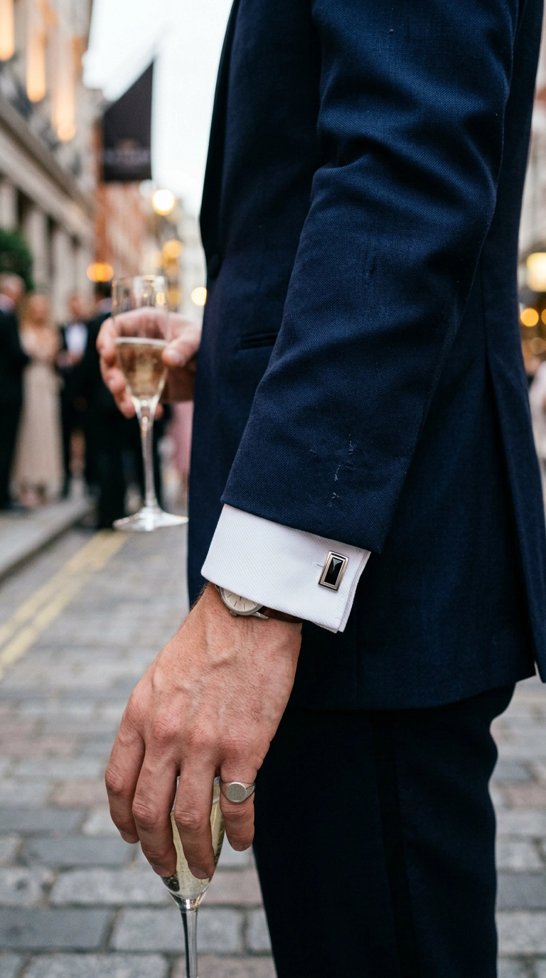 Close-up of a man's tuxedo sleeve showing exactly half an inch of white shirt cuff with a silver cufflink, navy wool fabric texture, photorealistic luxury editorial fashion street style, shot on 35mm lens, highly detailed, ultra-realistic, soft natural lighting, editorial aesthetic, no text --ar 9:16