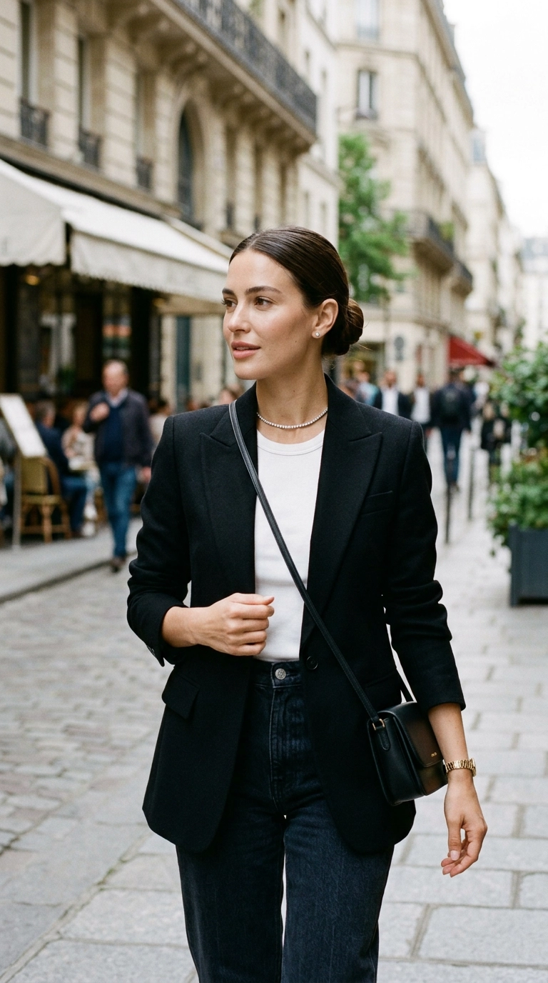 A woman with a sleek low bun wearing a minimalist diamond choker and small stud earrings, clean makeup look, photorealistic luxury editorial fashion street style, shot on 35mm lens, highly detailed, ultra-realistic, soft natural lighting, editorial aesthetic, no text --ar 9:16