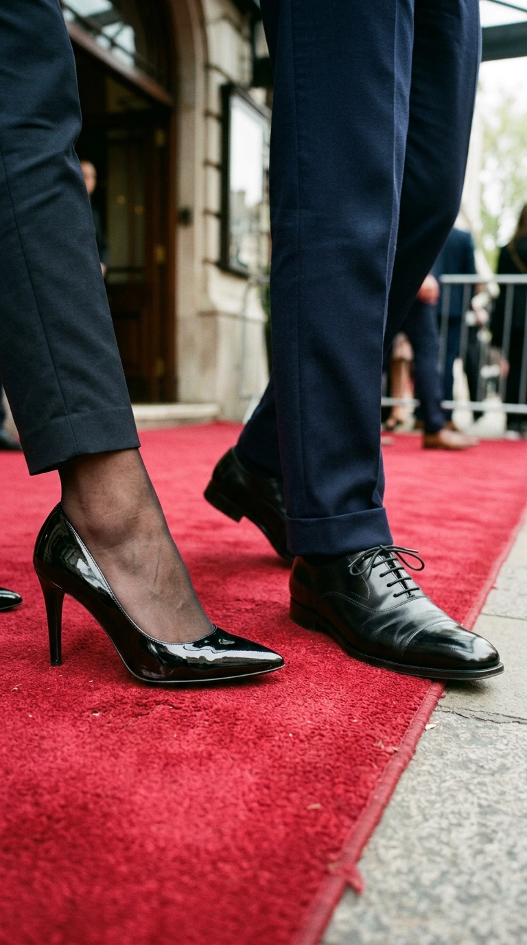 Low angle shot of black patent leather pumps and polished black oxford shoes on a red carpet, photorealistic luxury editorial fashion street style, shot on 35mm lens, highly detailed, ultra-realistic, soft natural lighting, editorial aesthetic, no text --ar 9:16