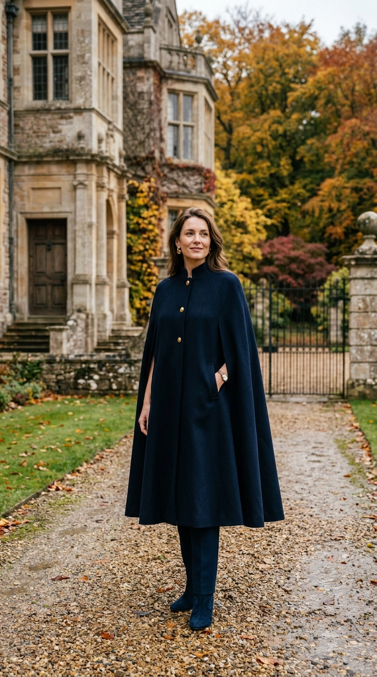 A woman in a dark navy wool-blend evening cape standing outside a grand stone estate in autumn, photorealistic luxury editorial fashion street style, shot on 35mm lens, highly detailed, ultra-realistic, soft natural lighting, editorial aesthetic, no text --ar 9:16