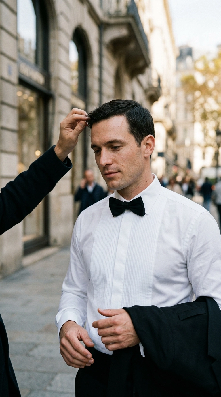 A man getting a final hair adjustment, clean-shaven with a sharp jawline, wearing a white tuxedo shirt, photorealistic luxury editorial fashion street style, shot on 35mm lens, highly detailed, ultra-realistic, soft natural lighting, editorial aesthetic, no text --ar 9:16