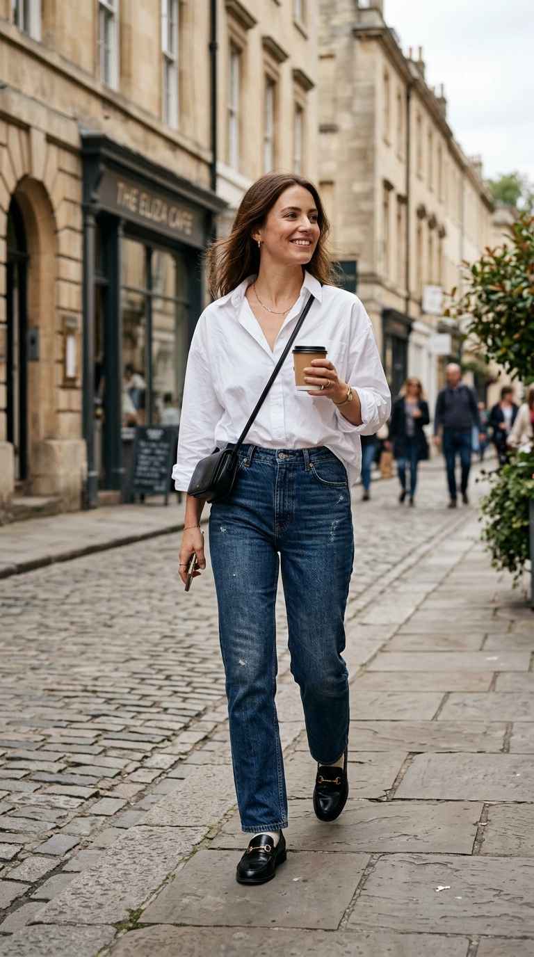 A woman wearing a crisp white oversized button-down shirt tucked into dark wash straight-leg jeans with classic black loafers, photorealistic luxury editorial fashion street style, shot on 35mm lens, highly detailed, ultra-realistic, soft natural lighting, editorial aesthetic, no text --ar 9:16