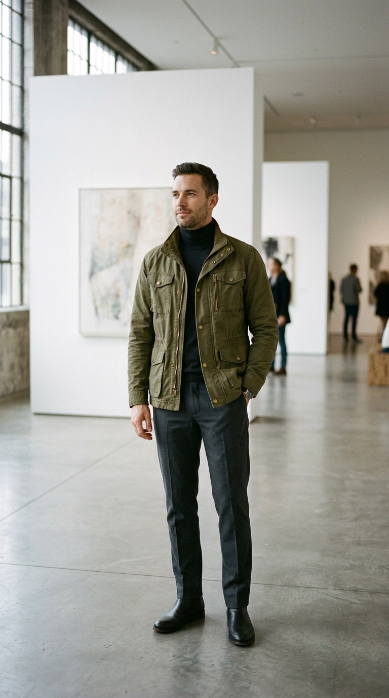 A man in a high-quality olive green utility jacket and charcoal chinos standing in a modern, minimalist art gallery setting, photorealistic luxury editorial fashion street style, shot on 35mm lens, highly detailed, ultra-realistic, soft natural lighting, editorial aesthetic, no text --ar 9:16