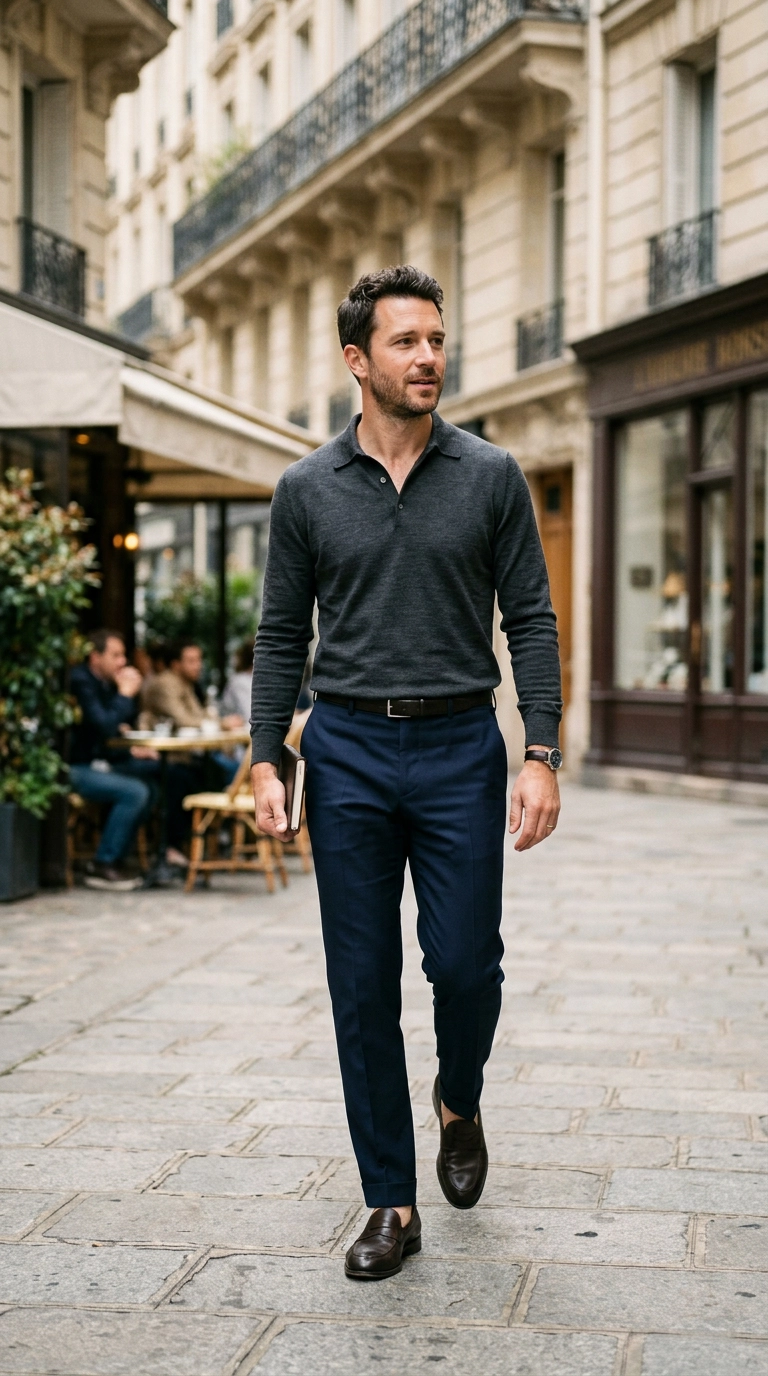 A man wearing a minimalist charcoal merino wool polo and navy tailored trousers, clean and sharp silhouette, photorealistic luxury editorial fashion street style, shot on 35mm lens, highly detailed, ultra-realistic, soft natural lighting, editorial aesthetic, no text --ar 9:16