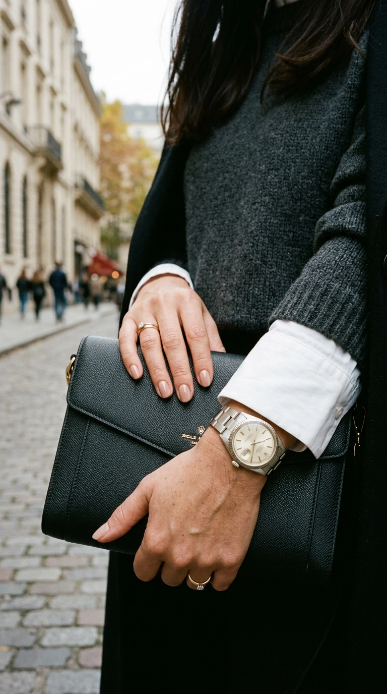 A close-up shot of a person’s well-manicured hands holding a designer leather clutch, showing a crisp shirt cuff and a vintage watch, photorealistic luxury editorial fashion street style, shot on 35mm lens, highly detailed, ultra-realistic, soft natural lighting, editorial aesthetic, no text --ar 9:16