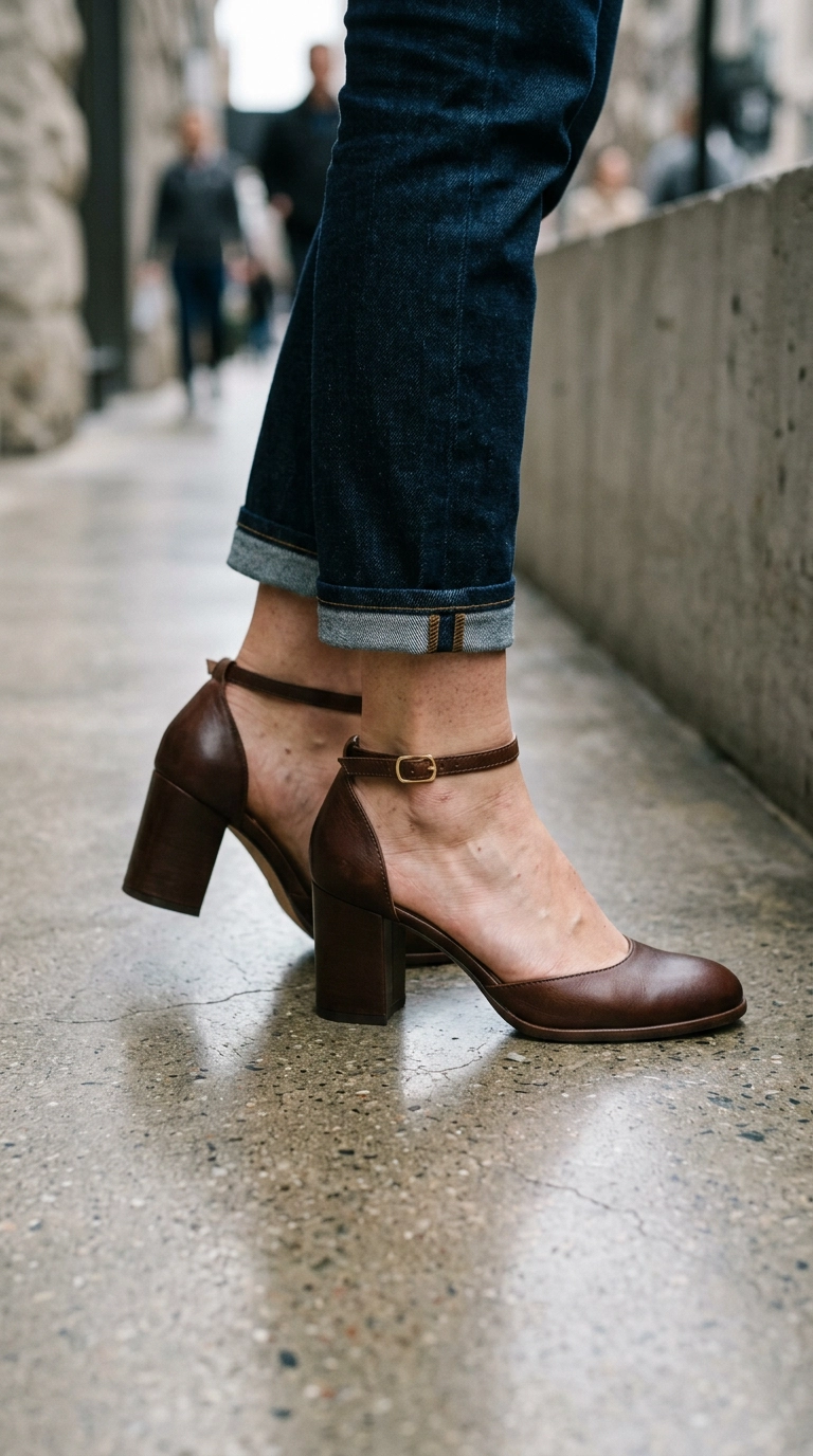 A close-up shot of a woman wearing elegant, high-quality leather block heels with a slim ankle strap, standing on a polished concrete floor, photorealistic luxury editorial fashion street style, shot on 35mm lens, highly detailed, ultra-realistic, soft natural lighting, editorial aesthetic, no text or typography, --ar 9:16