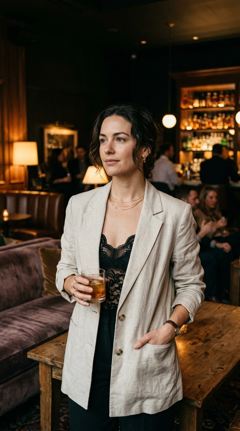 A woman wearing a breathable linen-blend blazer over a lace top, looking cool and composed in a dimly lit lounge, photorealistic luxury editorial fashion street style, shot on 35mm lens, highly detailed, ultra-realistic, soft natural lighting, editorial aesthetic, no text or typography, --ar 9:16
