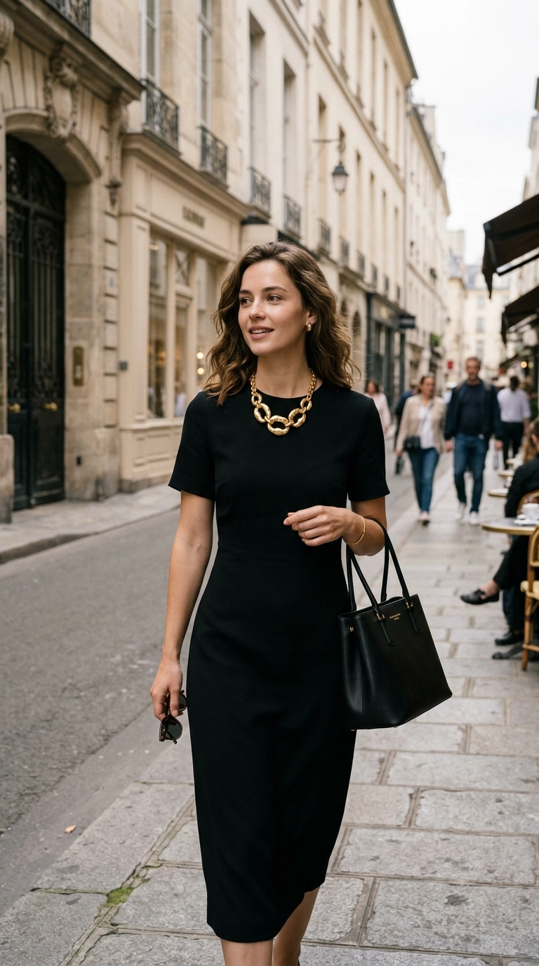 A woman styled with one bold statement gold necklace and simple stud earrings, wearing a minimalist black dress, photorealistic luxury editorial fashion street style, shot on 35mm lens, highly detailed, ultra-realistic, soft natural lighting, editorial aesthetic, no text or typography, --ar 9:16