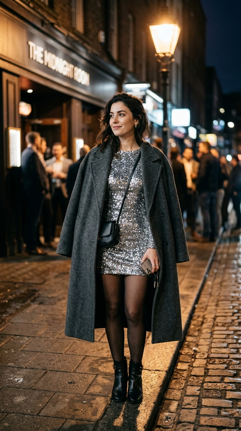 A woman draped in an oversized wool coat over a sparkling mini dress, standing outside a venue under a street lamp, photorealistic luxury editorial fashion street style, shot on 35mm lens, highly detailed, ultra-realistic, soft natural lighting, editorial aesthetic, no text or typography, --ar 9:16