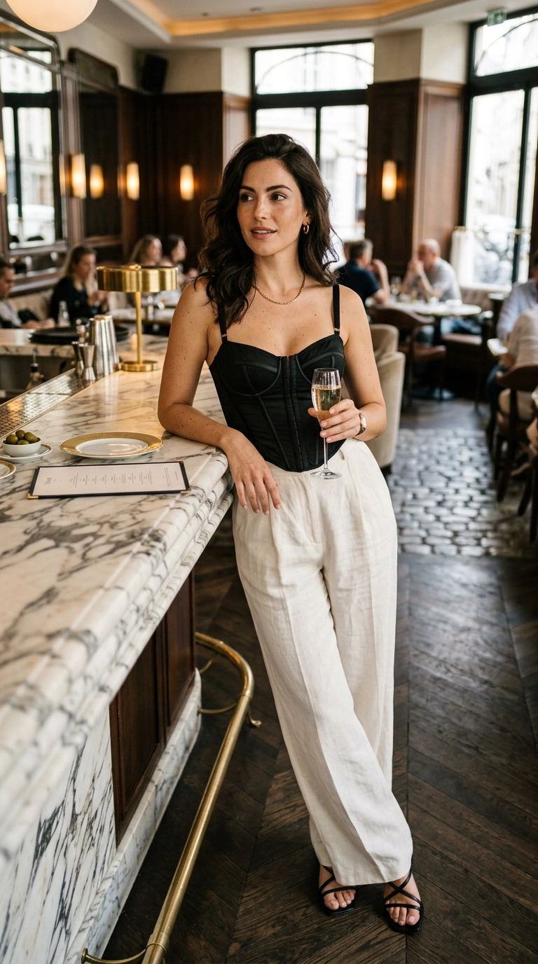 A woman wearing wide-leg trousers and a fitted corset top, leaning against a marble bar, photorealistic luxury editorial fashion street style, shot on 35mm lens, highly detailed, ultra-realistic, soft natural lighting, editorial aesthetic, no text or typography, --ar 9:16