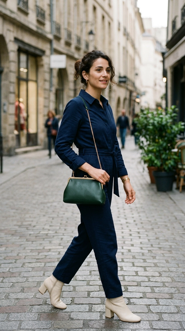 A woman holding a small structured clutch with a crossbody strap option, wearing a tailored jumpsuit, photorealistic luxury editorial fashion street style, shot on 35mm lens, highly detailed, ultra-realistic, soft natural lighting, editorial aesthetic, no text or typography, --ar 9:16