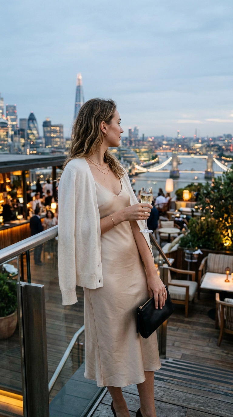 A woman perfectly dressed for a rooftop lounge in a sophisticated slip dress and light knit, looking at the city skyline, photorealistic luxury editorial fashion street style, shot on 35mm lens, highly detailed, ultra-realistic, soft natural lighting, editorial aesthetic, no text or typography, --ar 9:16