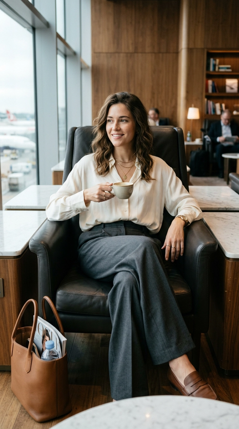 photorealistic luxury editorial fashion street style, shot on 35mm lens, highly detailed, ultra-realistic, soft natural lighting, editorial aesthetic. A woman sitting in a premium airport lounge chair wearing oversized tailored trousers and a silk blouse, looking relaxed and chic. No text or typography. --ar 9:16