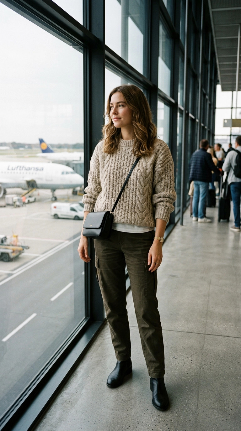 photorealistic luxury editorial fashion street style, shot on 35mm lens, highly detailed, ultra-realistic, soft natural lighting, editorial aesthetic. A woman layering a heavy knit sweater over a simple cotton tee, standing by a large terminal window. No text or typography. --ar 9:16