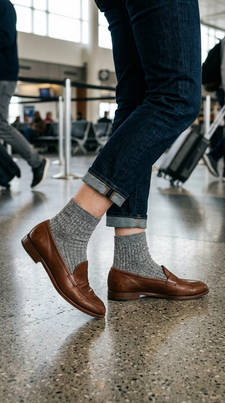 photorealistic luxury editorial fashion street style, shot on 35mm lens, highly detailed, ultra-realistic, soft natural lighting, editorial aesthetic. Close up of a woman’s feet wearing minimalist leather loafers and high-quality wool socks in an airport setting. No text or typography. --ar 9:16