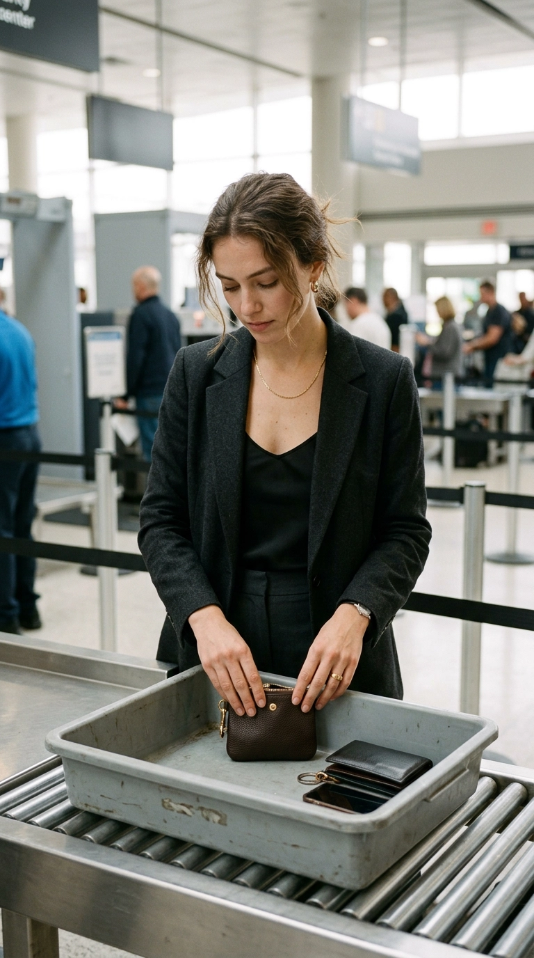photorealistic luxury editorial fashion street style, shot on 35mm lens, highly detailed, ultra-realistic, soft natural lighting, editorial aesthetic. A woman at a security bin placing her small leather pouch of jewelry inside, wearing a simple gold chain. No text or typography. --ar 9:16