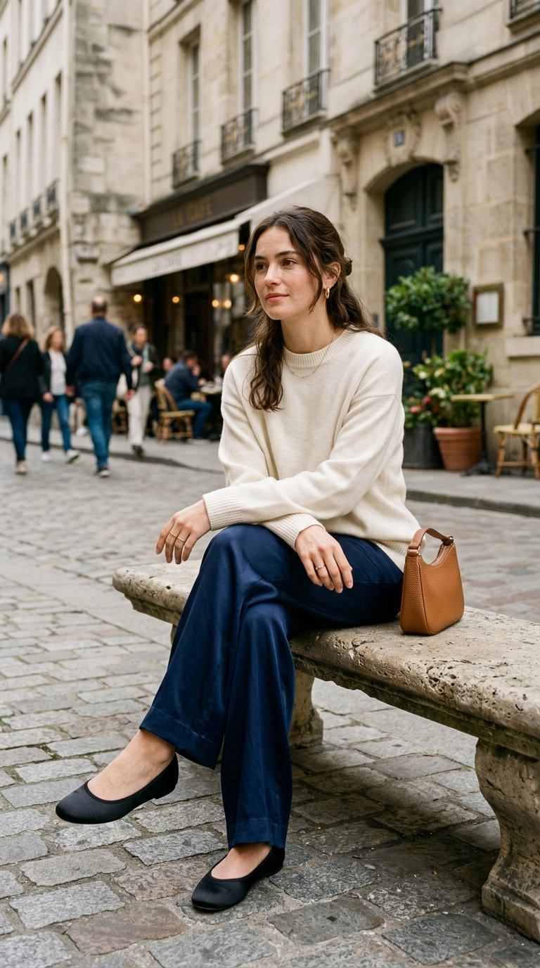 photorealistic luxury editorial fashion street style, shot on 35mm lens, highly detailed, ultra-realistic, soft natural lighting, editorial aesthetic. A woman wearing full-length silk trousers and closed-toe ballet flats, sitting with her legs crossed. No text or typography. --ar 9:16