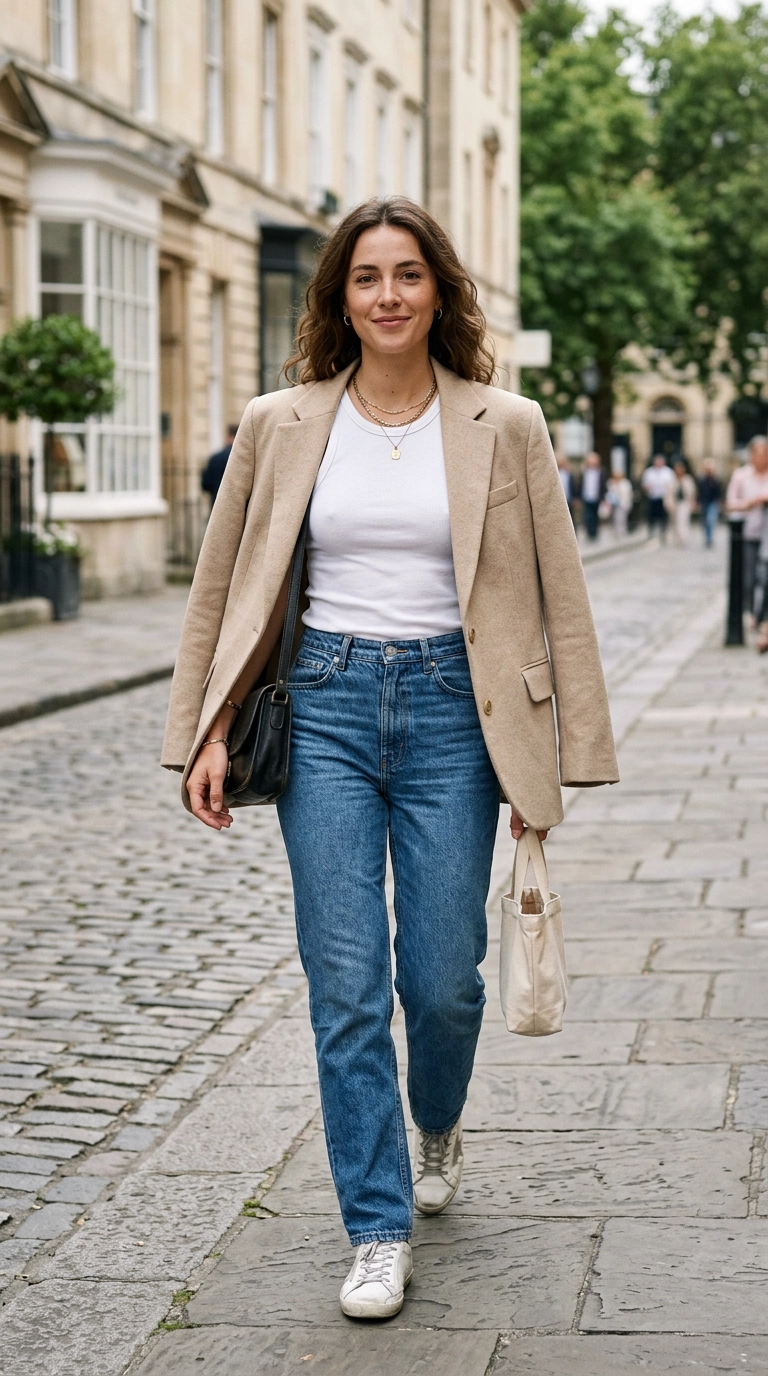 A woman wearing a simple white tank top and denim, layered with a structured oversized beige blazer draped over her shoulders, photorealistic luxury editorial fashion street style, shot on 35mm lens, highly detailed, ultra-realistic, soft natural lighting, editorial aesthetic, no text, no typography, realistic skin texture --ar 9:16