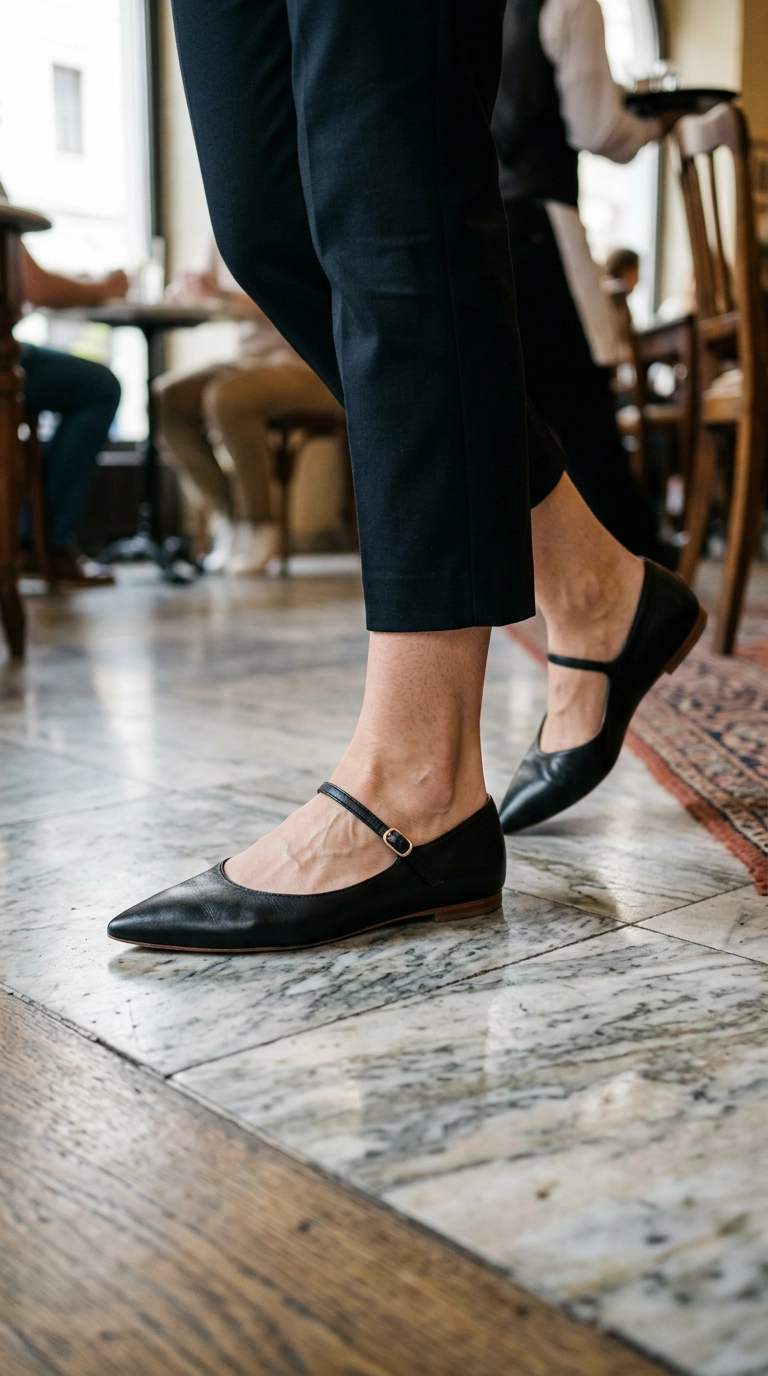 Close up shot of a woman's feet wearing elegant pointed-toe leather ballet flats with a delicate strap, stepping onto a marble cafe floor, photorealistic luxury editorial fashion street style, shot on 35mm lens, highly detailed, ultra-realistic, soft natural lighting, editorial aesthetic, no text, no typography, realistic skin texture --ar 9:16