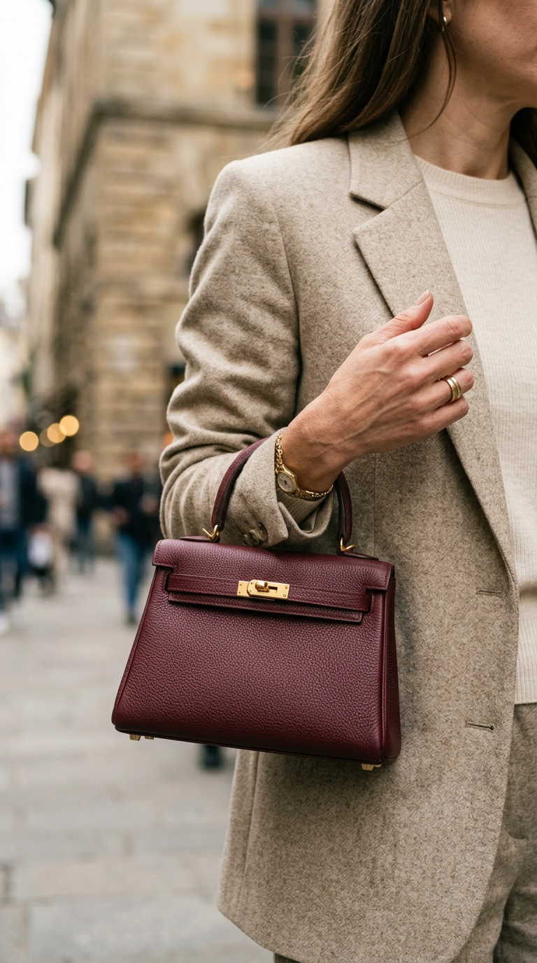 Close up of a woman’s hand holding a small structured burgundy leather top-handle bag against a neutral outfit, photorealistic luxury editorial fashion street style, shot on 35mm lens, highly detailed, ultra-realistic, soft natural lighting, editorial aesthetic, no text, no typography, realistic skin texture --ar 9:16