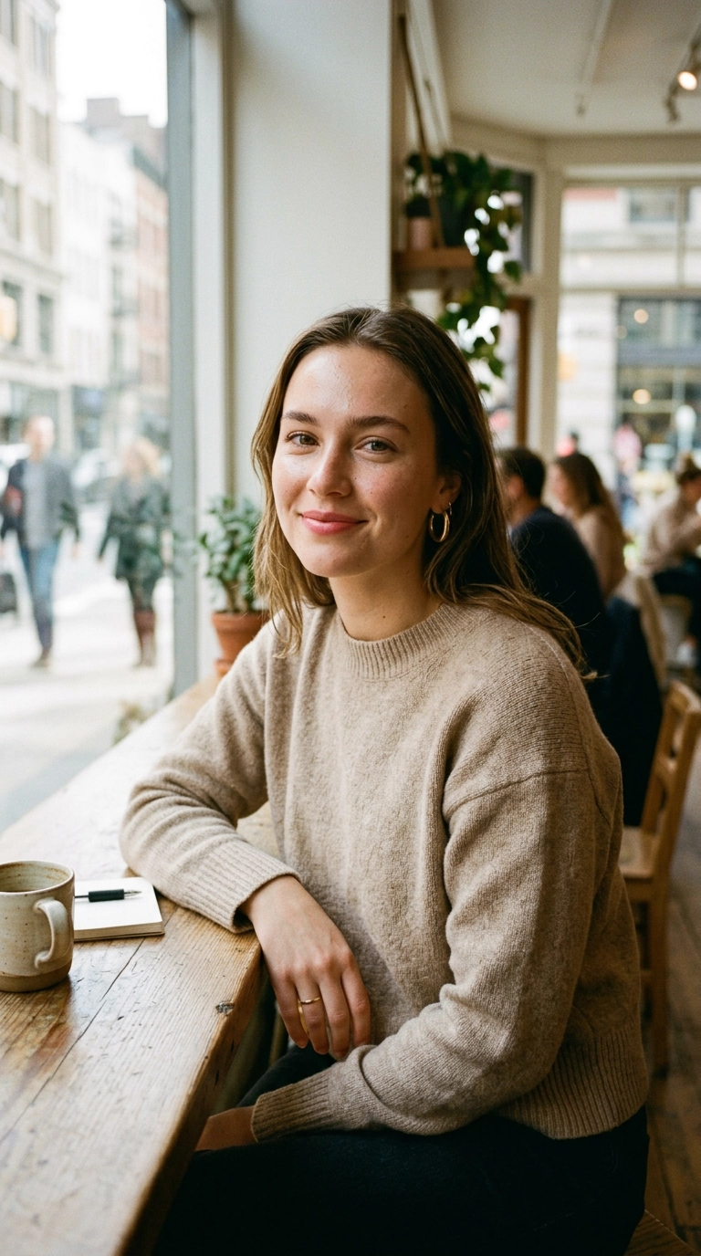 Mid-shot of a woman with fresh "no-makeup" makeup, glowing skin, and a soft tinted lip balm, sitting in a bright cafe window, photorealistic luxury editorial fashion street style, shot on 35mm lens, highly detailed, ultra-realistic, soft natural lighting, editorial aesthetic, no text, no typography, realistic skin texture --ar 9:16