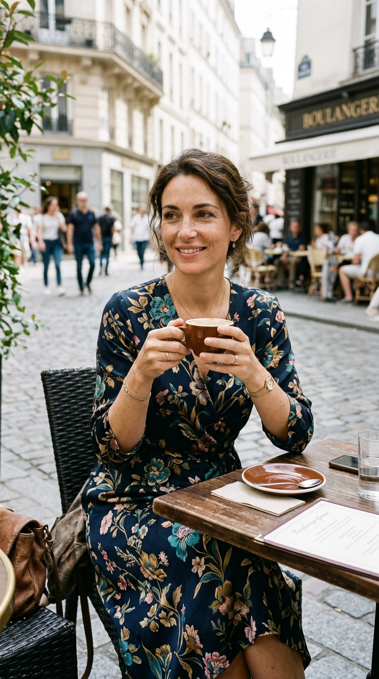 A woman wearing a dark navy patterned silk midi dress with a floral print, sitting at a table with a coffee, photorealistic luxury editorial fashion street style, shot on 35mm lens, highly detailed, ultra-realistic, soft natural lighting, editorial aesthetic, no text, no typography, realistic skin texture --ar 9:16