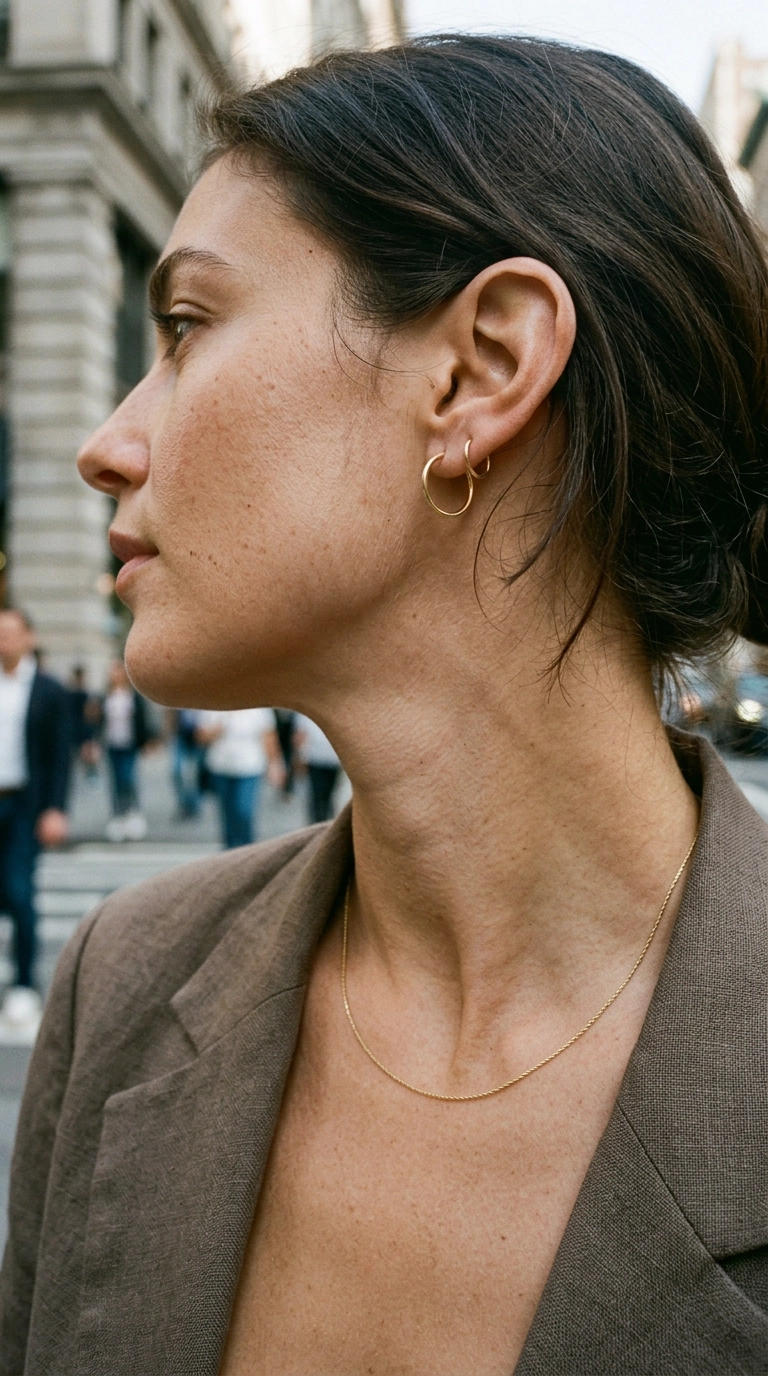 Close up of a woman’s neck and ears wearing minimal gold hoop earrings and one thin gold chain necklace, photorealistic luxury editorial fashion street style, shot on 35mm lens, highly detailed, ultra-realistic, soft natural lighting, editorial aesthetic, no text, no typography, realistic skin texture --ar 9:16