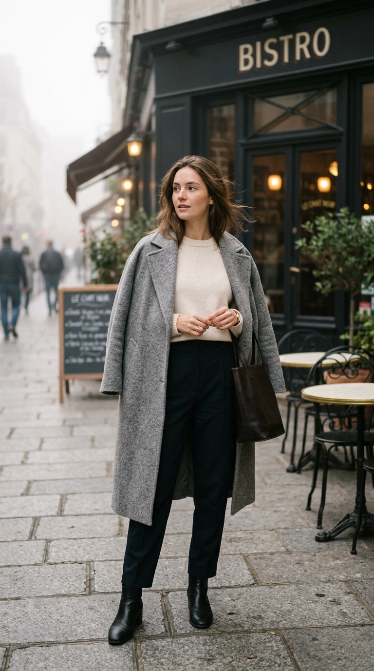 A woman wearing a lightweight wool coat draped over her shoulders, standing outside a bistro in the morning mist, photorealistic luxury editorial fashion street style, shot on 35mm lens, highly detailed, ultra-realistic, soft natural lighting, editorial aesthetic, no text, no typography, realistic skin texture --ar 9:16