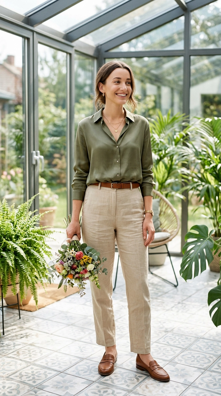 A woman standing in a bright modern sunroom wearing an elegant silk button-down shirt tucked into tailored high-waisted trousers, holding a small bouquet of flowers, photorealistic luxury editorial fashion street style, shot on 35mm lens, highly detailed, ultra-realistic, soft natural lighting, editorial aesthetic, no text, no typography --ar 9:16