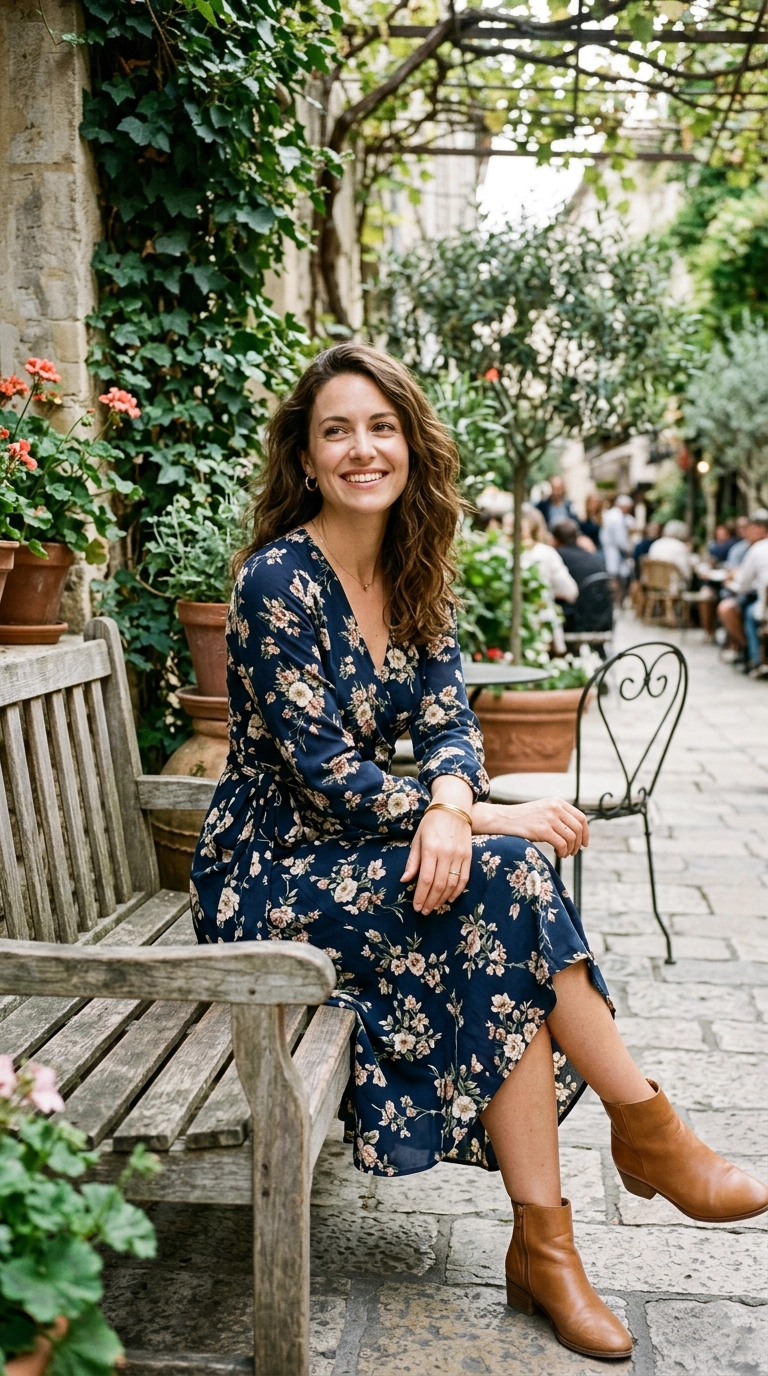 A woman sitting on an outdoor patio bench wearing a modest floral wrap dress with long sleeves and a midi-length hem, smiling warmly, photorealistic luxury editorial fashion street style, shot on 35mm lens, highly detailed, ultra-realistic, soft natural lighting, editorial aesthetic, no text, no typography --ar 9:16
