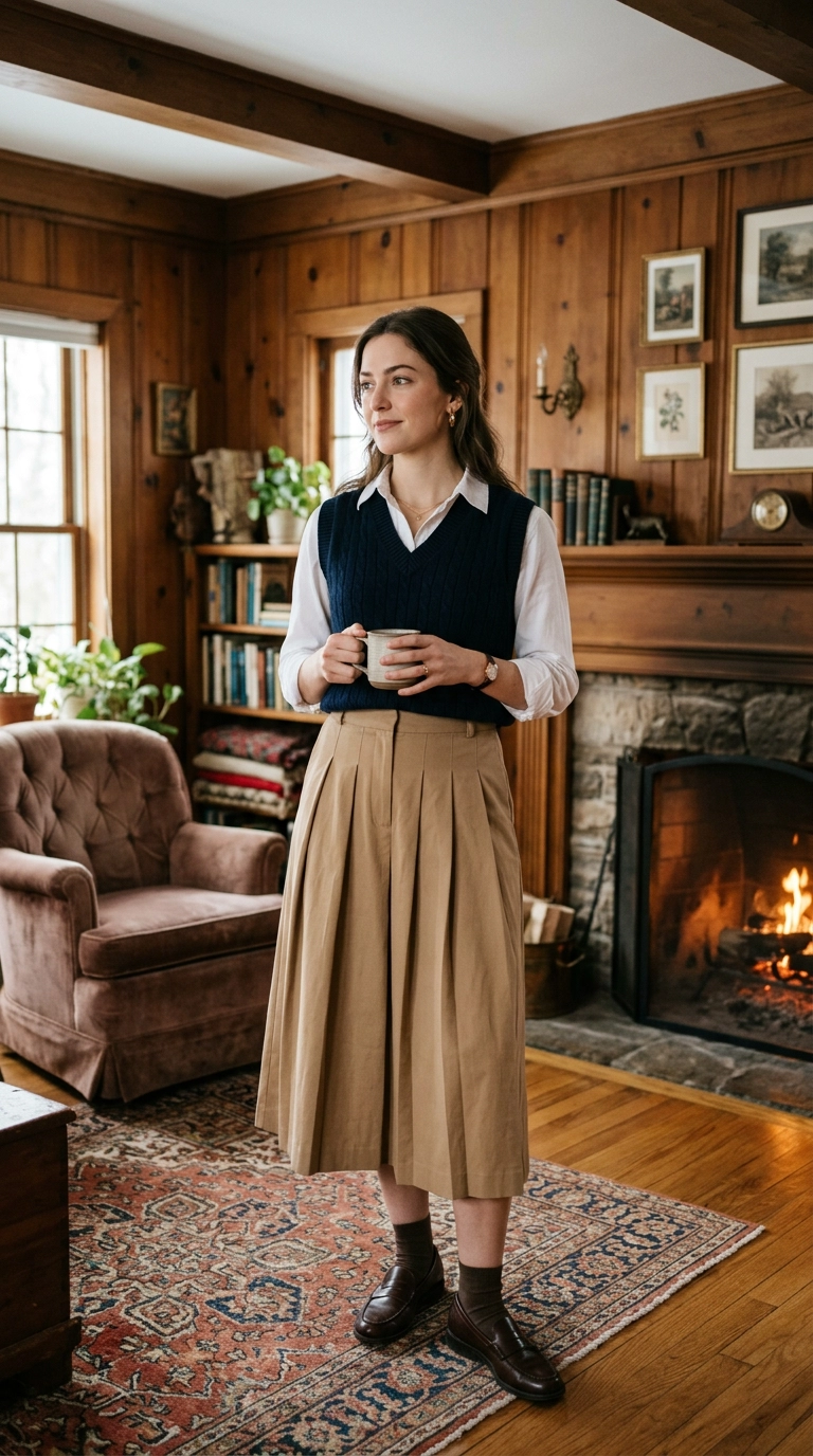 A woman standing in a cozy wood-paneled living room wearing a sophisticated navy blue sweater vest over a white collared shirt with tan pleated skirts, photorealistic luxury editorial fashion street style, shot on 35mm lens, highly detailed, ultra-realistic, soft natural lighting, editorial aesthetic, no text, no typography --ar 9:16