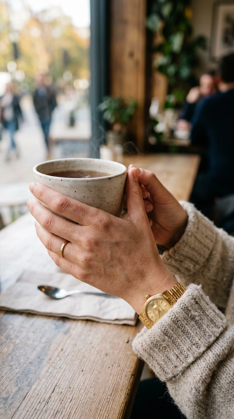 A close-up of a woman’s hands holding a cup of tea, she is wearing a gold watch and a simple band ring, her sweater sleeve is a soft oatmeal wool, photorealistic luxury editorial fashion street style, shot on 35mm lens, highly detailed, ultra-realistic, soft natural lighting, editorial aesthetic, no text, no typography --ar 9:16