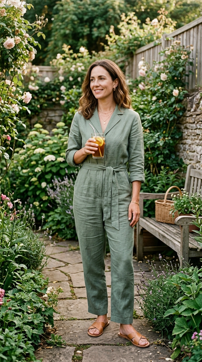 A woman in a backyard garden setting wearing a sophisticated sage green linen jumpsuit and flat leather sandals, holding a glass of iced tea, photorealistic luxury editorial fashion street style, shot on 35mm lens, highly detailed, ultra-realistic, soft natural lighting, editorial aesthetic, no text, no typography --ar 9:16