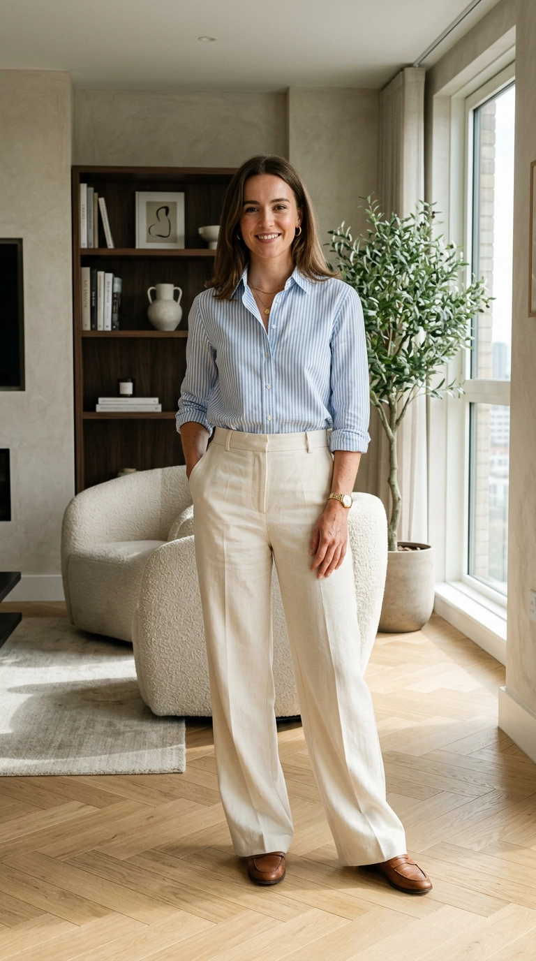 photorealistic luxury editorial fashion street style, shot on 35mm lens, highly detailed, ultra-realistic, soft natural lighting, editorial aesthetic. A full-body shot of a woman in a crisp blue striped button-down tucked into tailored wide-leg cream trousers, standing in a modern living space, effortless elegance, no text, no AI artifacts --ar 9:16