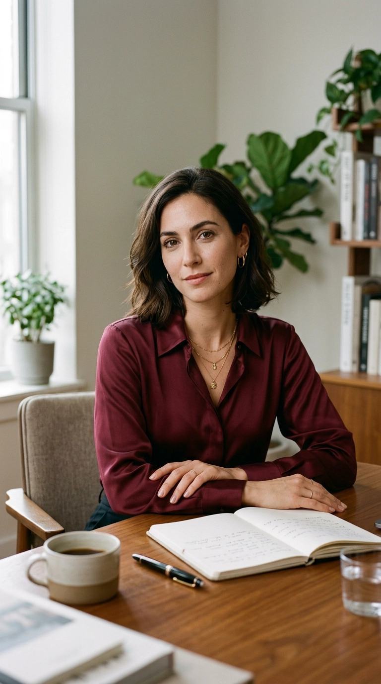 photorealistic luxury editorial fashion street style, shot on 35mm lens, highly detailed, ultra-realistic, soft natural lighting, editorial aesthetic. A woman wearing a solid, rich burgundy silk blouse, minimalist gold jewelry, sitting at a desk with a neutral background, professional and polished, no text, no AI artifacts --ar 9:16