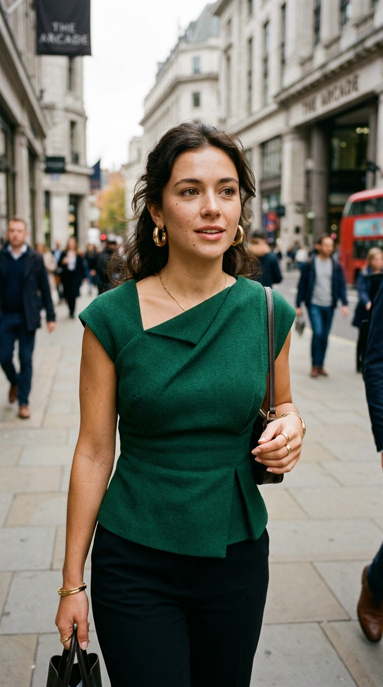 photorealistic luxury editorial fashion street style, shot on 35mm lens, highly detailed, ultra-realistic, soft natural lighting, editorial aesthetic. Close-up of a woman wearing a structured asymmetrical neckline top in a deep emerald green, gold hoop earrings, soft lighting highlighting the fabric texture, no text, no AI artifacts --ar 9:16