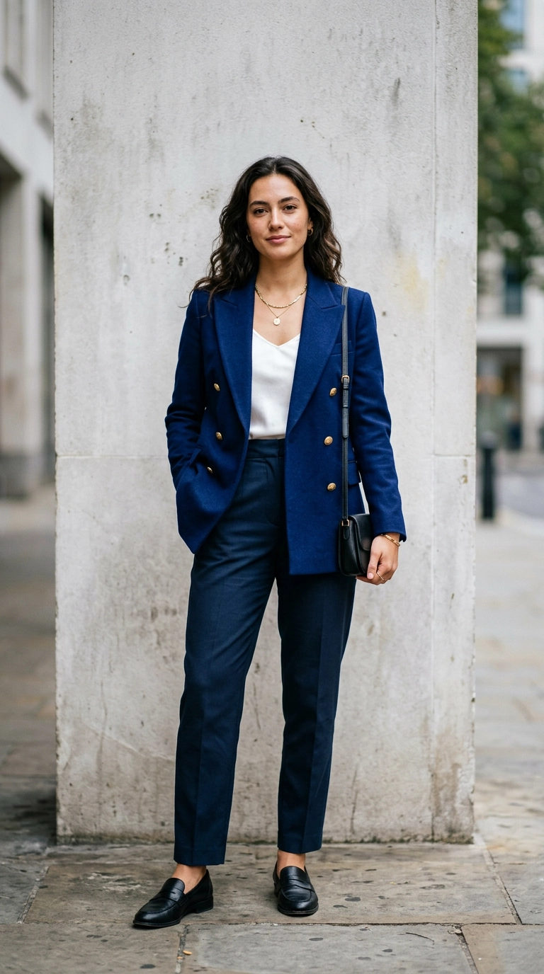 photorealistic luxury editorial fashion street style, shot on 35mm lens, highly detailed, ultra-realistic, soft natural lighting, editorial aesthetic. A woman in a vibrant navy blue blazer standing against a light grey wall, high contrast, sharp silhouette, looking confident, no text, no AI artifacts --ar 9:16
