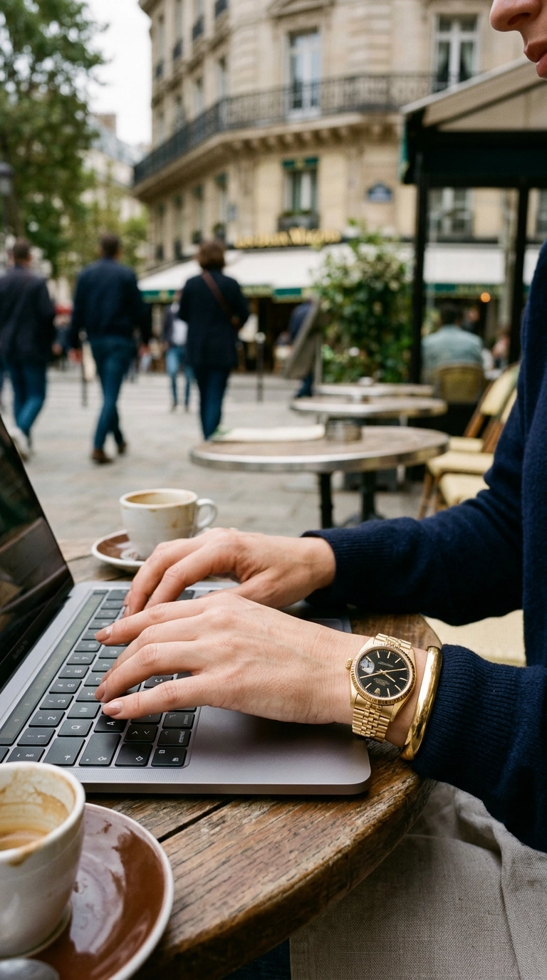 photorealistic luxury editorial fashion street style, shot on 35mm lens, highly detailed, ultra-realistic, soft natural lighting, editorial aesthetic. A woman's hands and wrists, wearing a single elegant gold watch and one thick cuff, typing on a laptop, soft focus on the background, no text, no AI artifacts --ar 9:16