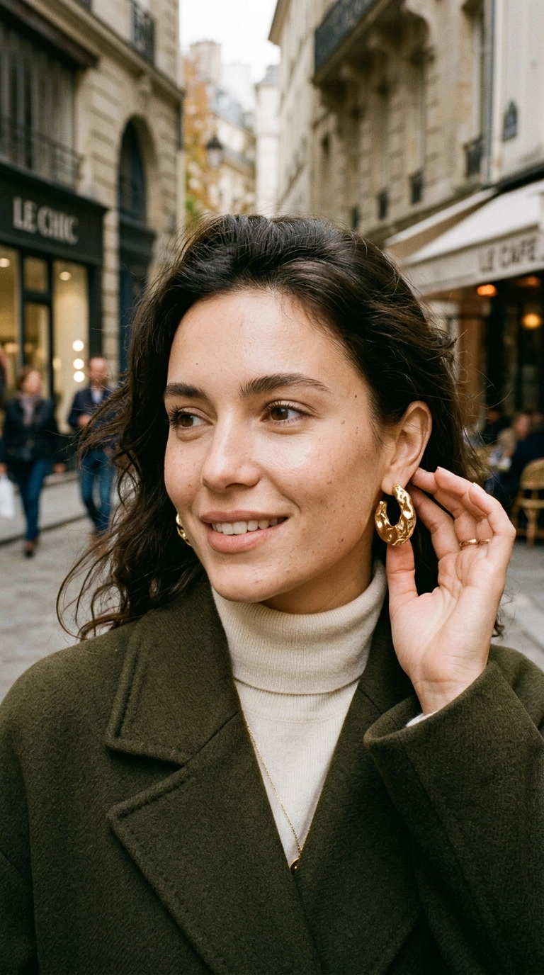 photorealistic luxury editorial fashion street style, shot on 35mm lens, highly detailed, ultra-realistic, soft natural lighting, editorial aesthetic. Close up of a woman’s face, wearing medium-sized gold sculptural earrings, clean skin, natural makeup, elegant and modern, no text, no AI artifacts --ar 9:16