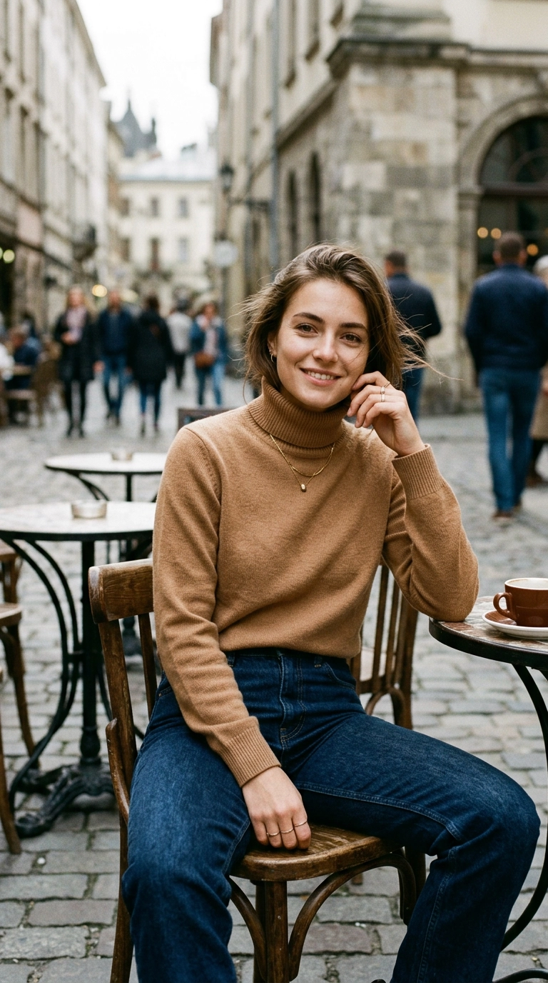 photorealistic luxury editorial fashion street style, shot on 35mm lens, highly detailed, ultra-realistic, soft natural lighting, editorial aesthetic. A woman in a smooth, high-quality merino wool sweater in camel, perfectly tailored, clean lines, no wrinkles, sitting comfortably, no text, no AI artifacts --ar 9:16